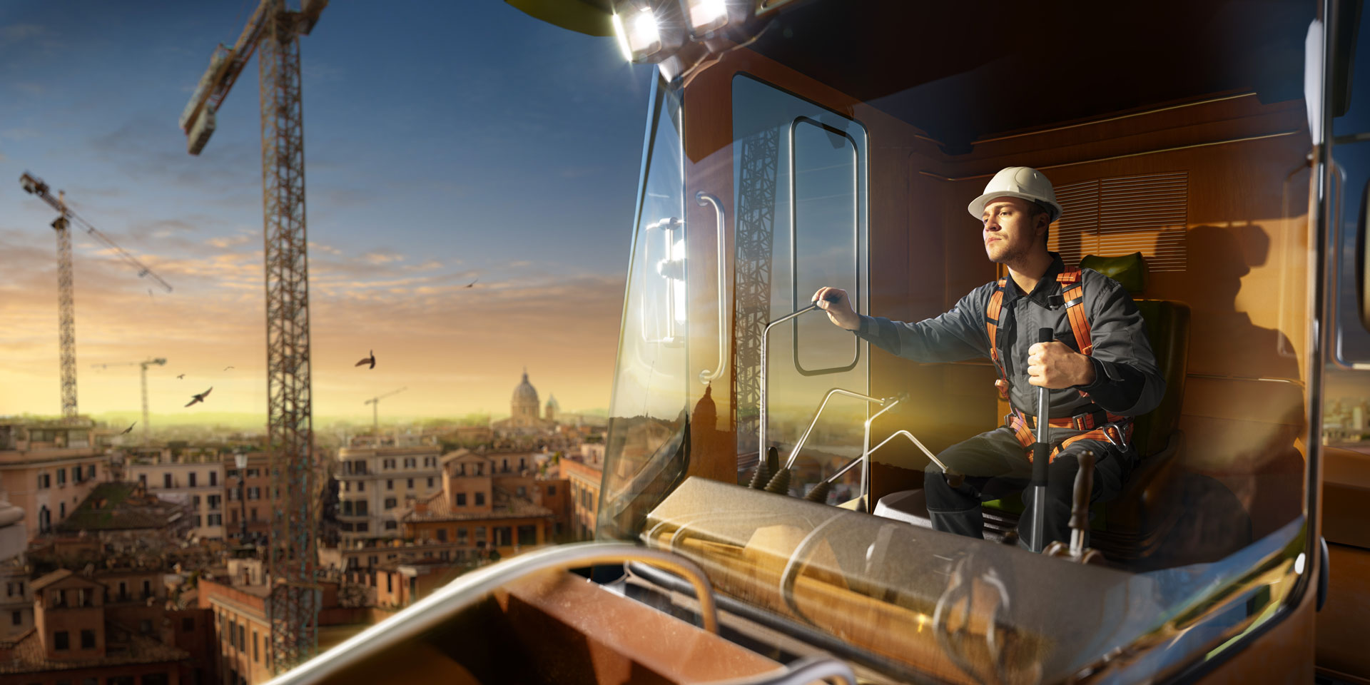 Kranfahrer über Stadt Fahrzeugführung